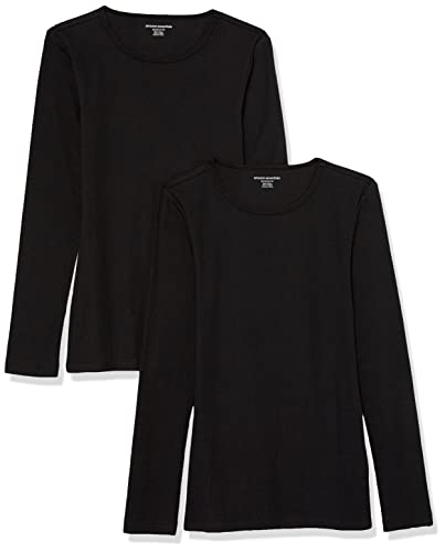 Amazon Essentials Damen Schmal geschnittenes Oberteil mit Langen Ärmeln und Rundhalsausschnitt aus Rippstrick (in Übergröße erhältlich), 2er-Pack, Schwarz, XS von Amazon Essentials