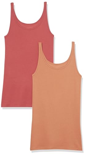 Amazon Essentials Damen Schmal geschnittenes Tanktop mit dünnem Trägern, 2er-Pack, Braun/Ziegelrot, XL von Amazon Essentials