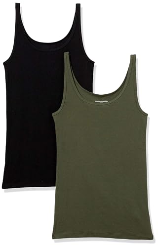 Amazon Essentials Damen Schmal geschnittenes Tanktop mit dünnem Trägern, 2er-Pack, Olivgrün/Schwarz, S von Amazon Essentials