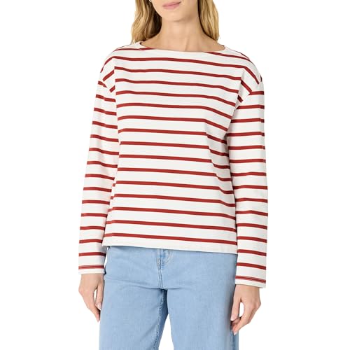 Amazon Essentials Damen Schweres Langarm-Top mit U-Boot-Ausschnitt aus 100 % Baumwolle, Eierschalenweiß Seefahrer Streifen, L von Amazon Essentials