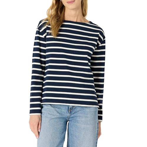 Amazon Essentials Damen Schweres Langarm-Top mit U-Boot-Ausschnitt aus 100 % Baumwolle, Marineblau Eierschalenweiß Seefahrer Streifen, L von Amazon Essentials