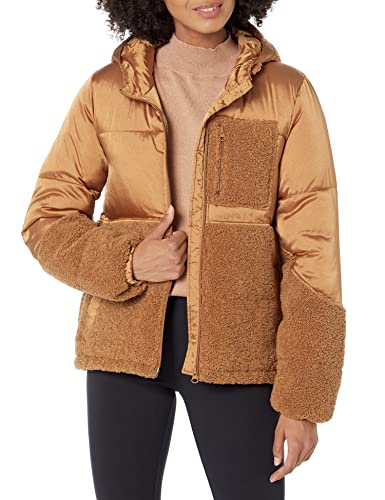 Amazon Essentials Damen Sherpa-Fleece-Pufferjacke Mit Kapuze Und Durchgehendem Reißverschluss, Dunkles Kamelbraun, L von Amazon Essentials