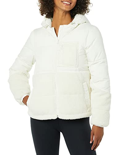 Amazon Essentials Damen Sherpa-Fleece-Pufferjacke Mit Kapuze Und Durchgehendem Reißverschluss, Elfenbein, XXL von Amazon Essentials