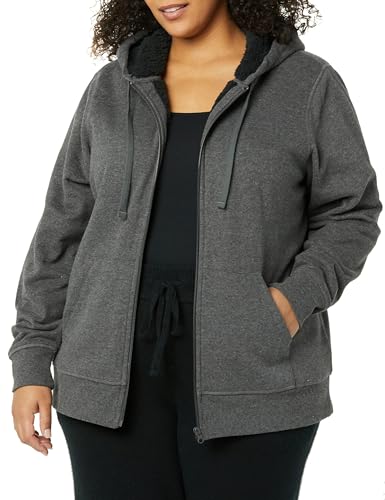 Amazon Essentials Damen Sherpa-gefütterte Fleece-Kapuzenjacke mit durchgehendem Reißverschluss (erhältlich in Übergröße), Dunkelgrau Meliert, 3XL Große Größen von Amazon Essentials