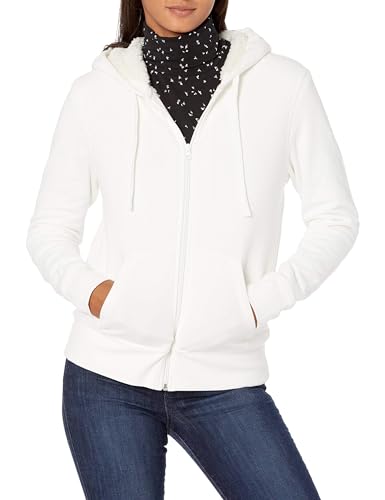 Amazon Essentials Damen Sherpa-gefütterte Fleece-Kapuzenjacke mit durchgehendem Reißverschluss (erhältlich in Übergröße), Gebrochenes Weiß, L von Amazon Essentials