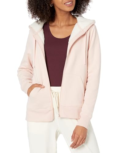 Amazon Essentials Damen Sherpa-gefütterte Fleece-Kapuzenjacke mit durchgehendem Reißverschluss (erhältlich in Übergröße), Hellrosa, L von Amazon Essentials