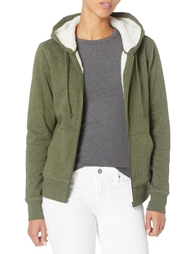 Amazon Essentials Damen Sherpa-gefütterte Fleece-Kapuzenjacke mit durchgehendem Reißverschluss (erhältlich in Übergröße), Olivenheide, L von Amazon Essentials