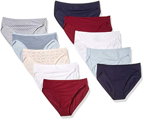 Amazon Essentials Damen Slip aus Baumwolle mit hohem Beinschnitt (in Übergröße erhältlich), 10er-Pack, Blumenaufdruck/Punkte/Thin Stripe, 36 von Amazon Essentials