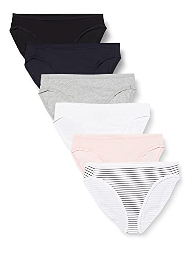 Amazon Essentials Damen Slip Aus Baumwolle Mit Hohem Beinausschnitt (In Übergröße Erhältlich), Atmungsaktiv, 6er-Pack, Mehrfarbig/Heide/Streifen, 42 von Amazon Essentials