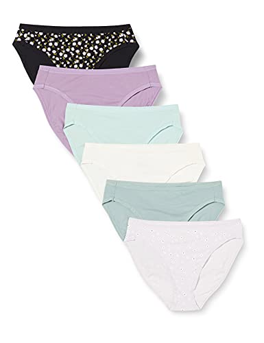 Amazon Essentials Damen Slip Aus Baumwolle Mit Hohem Beinausschnitt (In Übergröße Erhältlich), Atmungsaktiv, 6er-Pack, Mehrfarbig/Punkte/Streublumen, 42 von Amazon Essentials