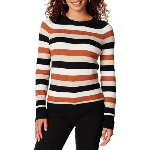 Amazon Essentials Damen Soft-Touch-Langarmpullover mit Rundhalsausschnitt in klassischer Passform, Schwarz Braun Rugby-Streifen, XXL von Amazon Essentials