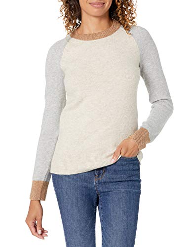 Amazon Essentials Damen Regular-Fit Langarm-Pullover Rundhalsausschnitt, Grau Haferbeige Meliert Farbblock, M von Amazon Essentials