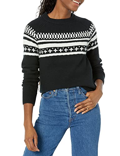 Amazon Essentials Damen Soft-Touch-Pullover mit Rundhalsausschnitt und Fair-Isle-Muster, Schwarz Norweger, XS von Amazon Essentials