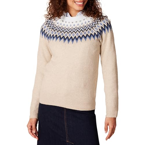 Amazon Essentials Damen Soft-Touch-Pullover mit Rundhalsausschnitt und Fair-Isle-Muster, Blau Taupe Meliert Weiß Norweger, XXL von Amazon Essentials