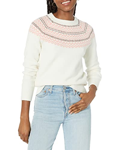 Amazon Essentials Damen Soft-Touch-Pullover mit Rundhalsausschnitt und Fair-Isle-Muster, Elfenbein Rosa Norwegermuster, L von Amazon Essentials