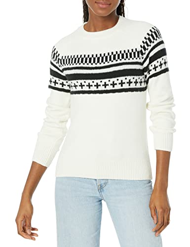 Amazon Essentials Damen Soft-Touch-Pullover mit Rundhalsausschnitt und Fair-Isle-Muster, Schwarz Weiß Simplified Fairisle, XS von Amazon Essentials