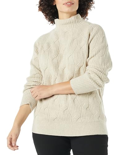 Amazon Essentials Damen Soft-Touch-Pullover mit Trichterkragen und Zopfmuster, Beige, L von Amazon Essentials