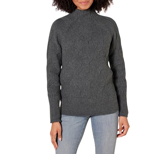 Amazon Essentials Damen Langarm-Pullover Für Den Winter, Soft-Touch-Zopfmuster Mit Trichterausschnitt, Dunkelgrau Meliert, L von Amazon Essentials