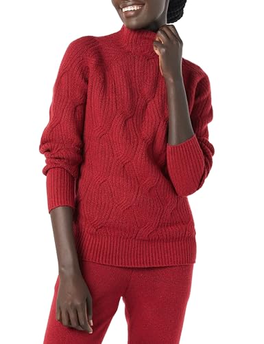 Amazon Essentials Damen Langarm-Pullover Für Den Winter, Soft-Touch-Zopfmuster Mit Trichterausschnitt, Dunkelrot, M von Amazon Essentials