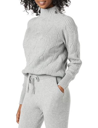 Amazon Essentials Damen Langarm-Pullover Für Den Winter, Soft-Touch-Zopfmuster Mit Trichterausschnitt, Grau Meliert, L von Amazon Essentials