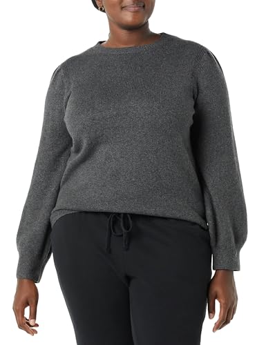 Amazon Essentials Damen Soft-Touch-Pullover mit plissierter Schulter und Rundhalsausschnitt, Dunkelgrau Meliert, L von Amazon Essentials