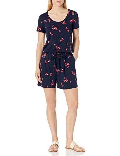 Amazon Essentials Damen Strampler mit kurzen Ärmeln und U-Ausschnitt, Marineblau Rot Tulpen, S von Amazon Essentials