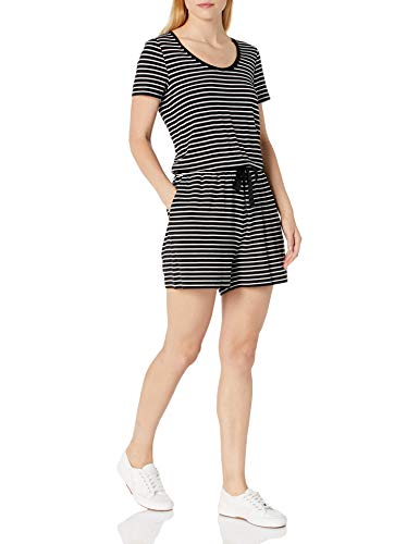 Amazon Essentials Damen Strampler mit kurzen Ärmeln und U-Ausschnitt, Schwarz Streifen, L von Amazon Essentials