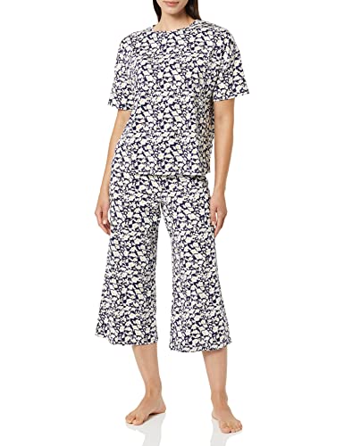 Amazon Essentials Damen Strick Jersey Pyjama Set, Marineblau, Silhouette Floral, XXL von Amazon Essentials