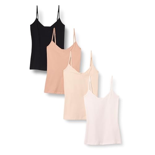 Amazon Essentials Damen Strick-Lagen-Camisole mit V-Ausschnitt in schmaler Passform (erhältlich in Übergrößen), 4er-Pack, Beige/Kamelbraun/Schwarz/Weiß, S von Amazon Essentials