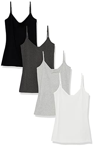 Amazon Essentials Damen Strick-Lagen-Camisole mit V-Ausschnitt in schmaler Passform (erhältlich in Übergrößen), 4er-Pack, Dunkelgrau Meliert/Hellgrau Meliert/Schwarz/Weiß, M von Amazon Essentials
