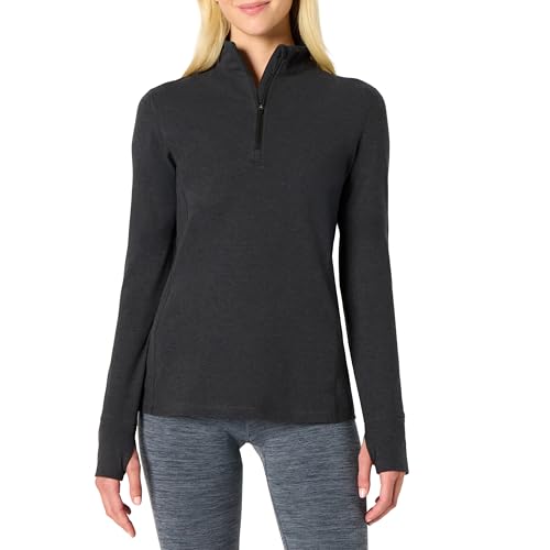 Amazon Essentials Damen Supersoft Performance Langarm-Trainingsshirt mit Viertelreißverschluss, Schwarz Space-dye, XL von Amazon Essentials