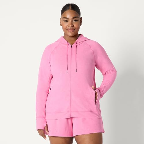 Amazon Essentials Damen Weiche Funktions-Stretch-Trainingsjacke mit Kapuze und durchgehendem Reißverschluss, Rosa Space-dye, XL von Amazon Essentials