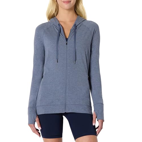 Amazon Essentials Damen Weiche Funktions-Stretch-Trainingsjacke mit Kapuze und durchgehendem Reißverschluss, Schiefer Space-dye, L von Amazon Essentials