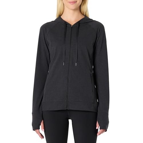 Amazon Essentials Damen Weiche Funktions-Stretch-Trainingsjacke mit Kapuze und durchgehendem Reißverschluss, Schwarz Space-dye, M von Amazon Essentials