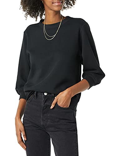 Amazon Essentials Damen French-Terry-Fleece-Sweatshirt Mit Rundhalsausschnitt Und Ärmeldetail, Schwarz, XXL von Amazon Essentials