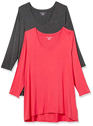Amazon Essentials Damen Swing-T-Shirt mit 3/4-Ärmeln und V-Ausschnitt (erhältlich in Übergröße), 2er-Pack, Dunkelgrau Meliert/Rot, L von Amazon Essentials