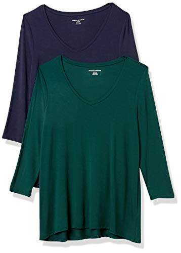 Amazon Essentials Damen Swing-T-Shirt mit 3/4-Ärmeln und V-Ausschnitt (erhältlich in Übergröße), 2er-Pack, Marineblau/Jadegrün, S von Amazon Essentials