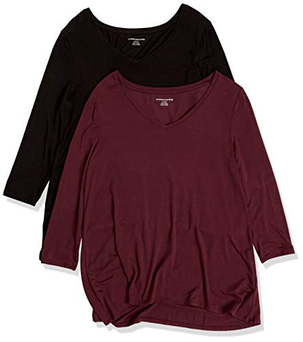 Amazon Essentials Damen Swing-T-Shirt mit 3/4-Ärmeln und V-Ausschnitt (erhältlich in Übergröße), 2er-Pack, Schwarz/Burgunderrot, M von Amazon Essentials