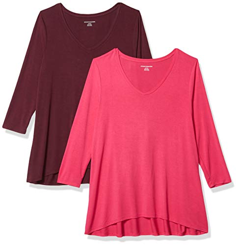 Amazon Essentials Damen Swing-T-Shirt mit 3/4-Ärmeln und V-Ausschnitt (erhältlich in Übergröße), 2er-Pack, Kräftiges Rosa/Burgunderrot, S von Amazon Essentials