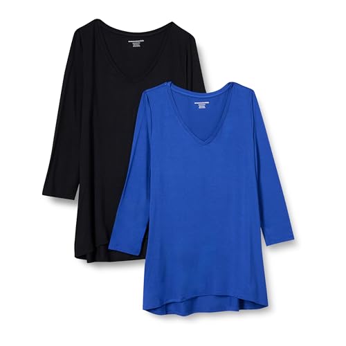Amazon Essentials Damen Swing-T-Shirt mit 3/4-Ärmeln und V-Ausschnitt (erhältlich in Übergröße), 2er-Pack, Schwarz/Königsblau, S von Amazon Essentials