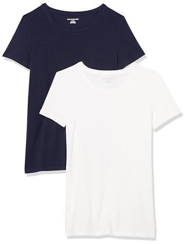 Amazon Essentials Damen Kurzärmeliges T-Shirt mit Rundhalsausschnitt, Klassischer Schnitt, 2er-Pack, Marineblau/Weiß, L von Amazon Essentials