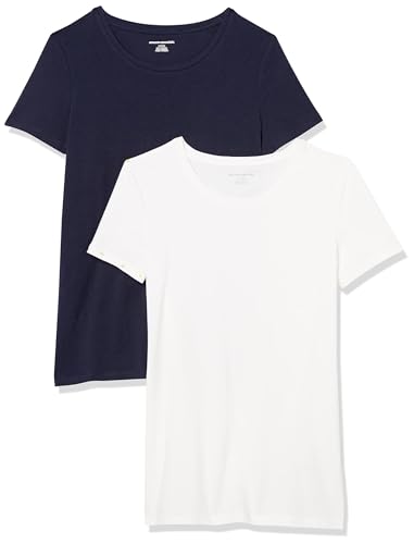Amazon Essentials Damen T-Shirt mit kurzen Ärmeln und Rundhalsausschnitt in normaler Passform, 2er-Pack, Marineblau/Weiß, XL von Amazon Essentials