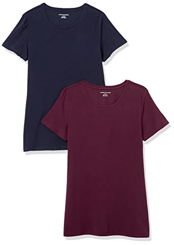 Amazon Essentials Damen Kurzärmeliges T-Shirt mit Rundhalsausschnitt, Klassischer Schnitt, 2er-Pack, Burgunderrot/Marineblau, L von Amazon Essentials