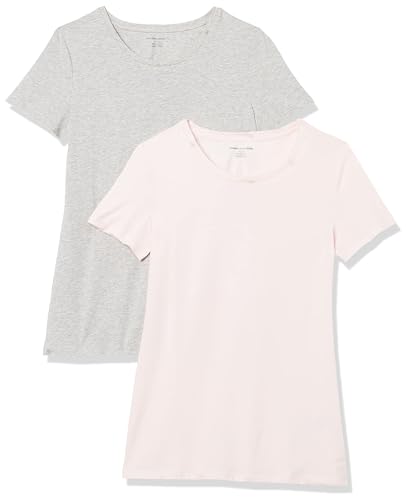 Amazon Essentials Damen Kurzärmeliges T-Shirt mit Rundhalsausschnitt, Klassischer Schnitt, 2er-Pack, Hellrosa/Hellgrau Meliert, S von Amazon Essentials