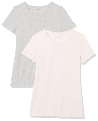 Amazon Essentials Damen T-Shirt mit kurzen Ärmeln und Rundhalsausschnitt in normaler Passform, 2er-Pack, Hellgrau Meliert/Hellrosa, XL von Amazon Essentials