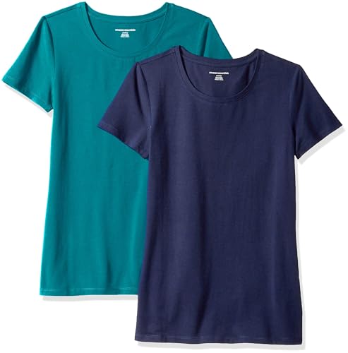 Amazon Essentials Damen Kurzärmeliges T-Shirt mit Rundhalsausschnitt, Klassischer Schnitt, 2er-Pack, Dunkelgrün/Marineblau, L von Amazon Essentials