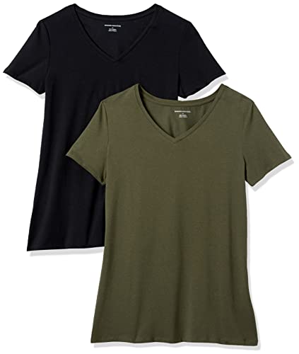 Amazon Essentials Damen T-Shirt Regular Fit mit kurzen Ärmeln und V-Ausschnitt, 2er-Pack, Olivgrün/Schwarz, S von Amazon Essentials