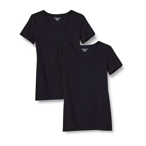 Amazon Essentials Damen Kurzärmeliges T-Shirt mit V-Ausschnitt, Klassischer Schnitt, 2er-Pack, Schwarz, L von Amazon Essentials