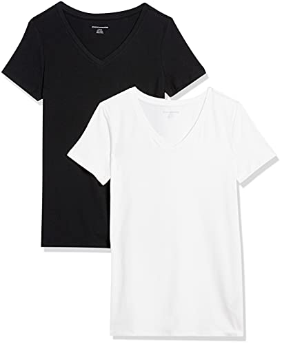 Amazon Essentials Damen Kurzärmeliges T-Shirt mit V-Ausschnitt, Klassischer Schnitt, 2er-Pack, Schwarz/Weiß, XS von Amazon Essentials