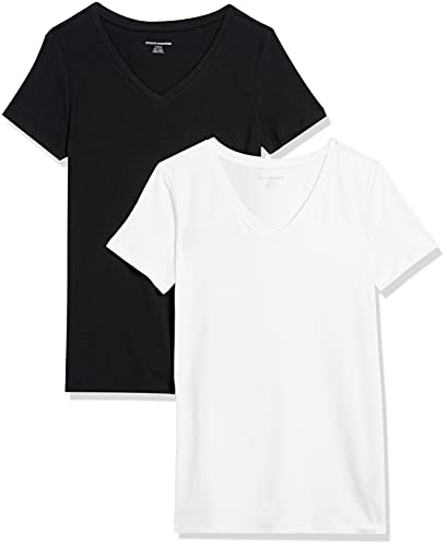 Amazon Essentials Damen T-Shirt Regular Fit mit kurzen Ärmeln und V-Ausschnitt, 2er-Pack, Schwarz/Weiß, XS von Amazon Essentials